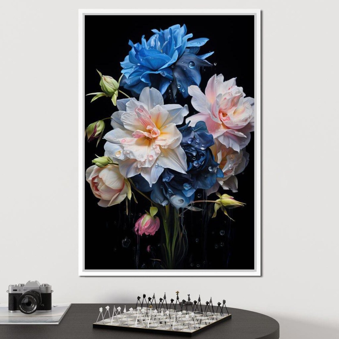 Blue and Pink Peony Bouquet Water Drops Dark Floral Wall Art Print - Image 2