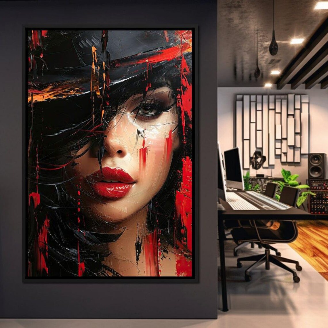 Modern Female Portrait with Big Hat, Red Accents Art Print