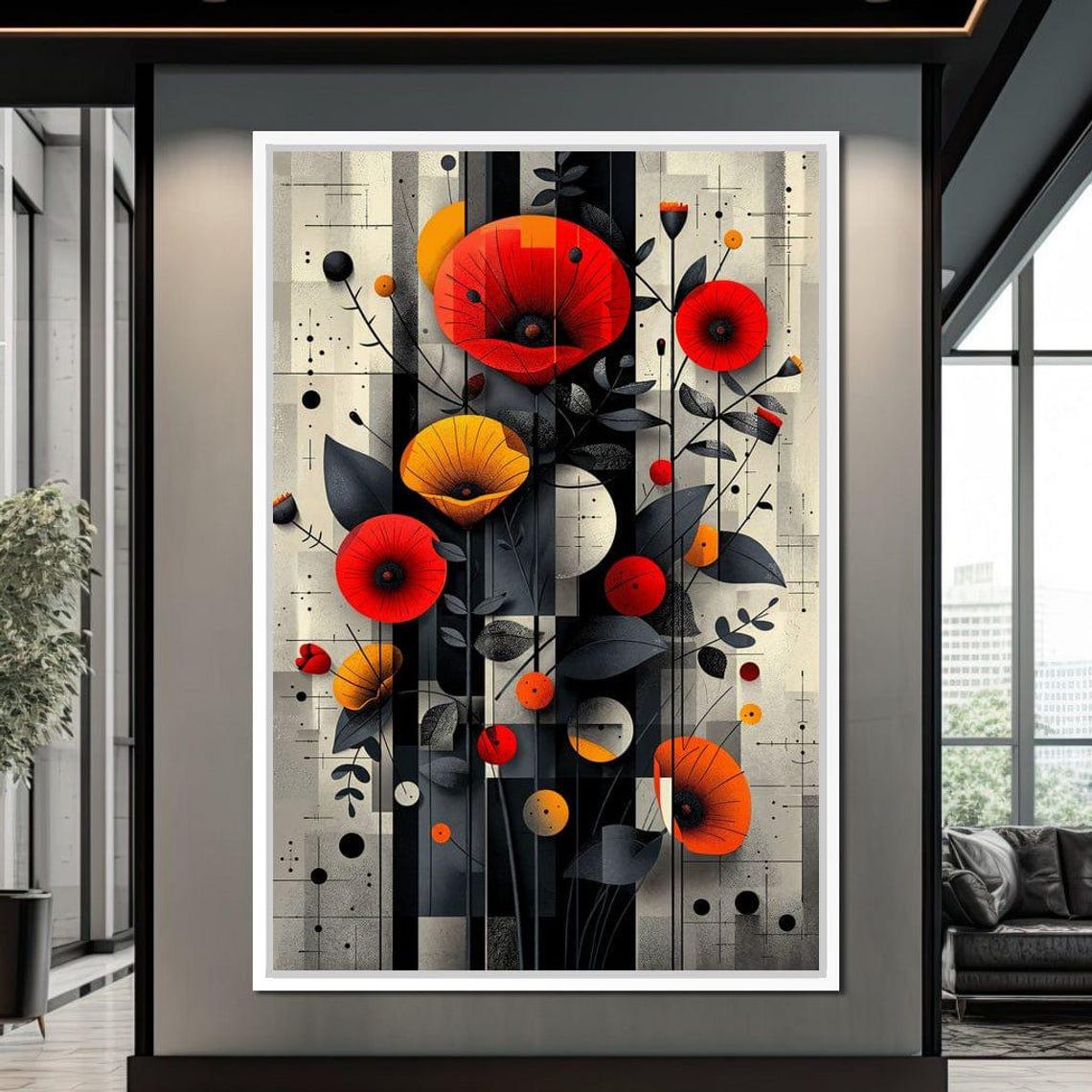 Red Poppies Geometric Floral Bauhaus Style Bold Blooms Modern Wall Art - Image 4