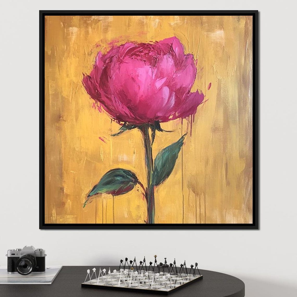 Magenta Pink Rose Golden Yellow Background Impasto Floral Art Print - Image 3