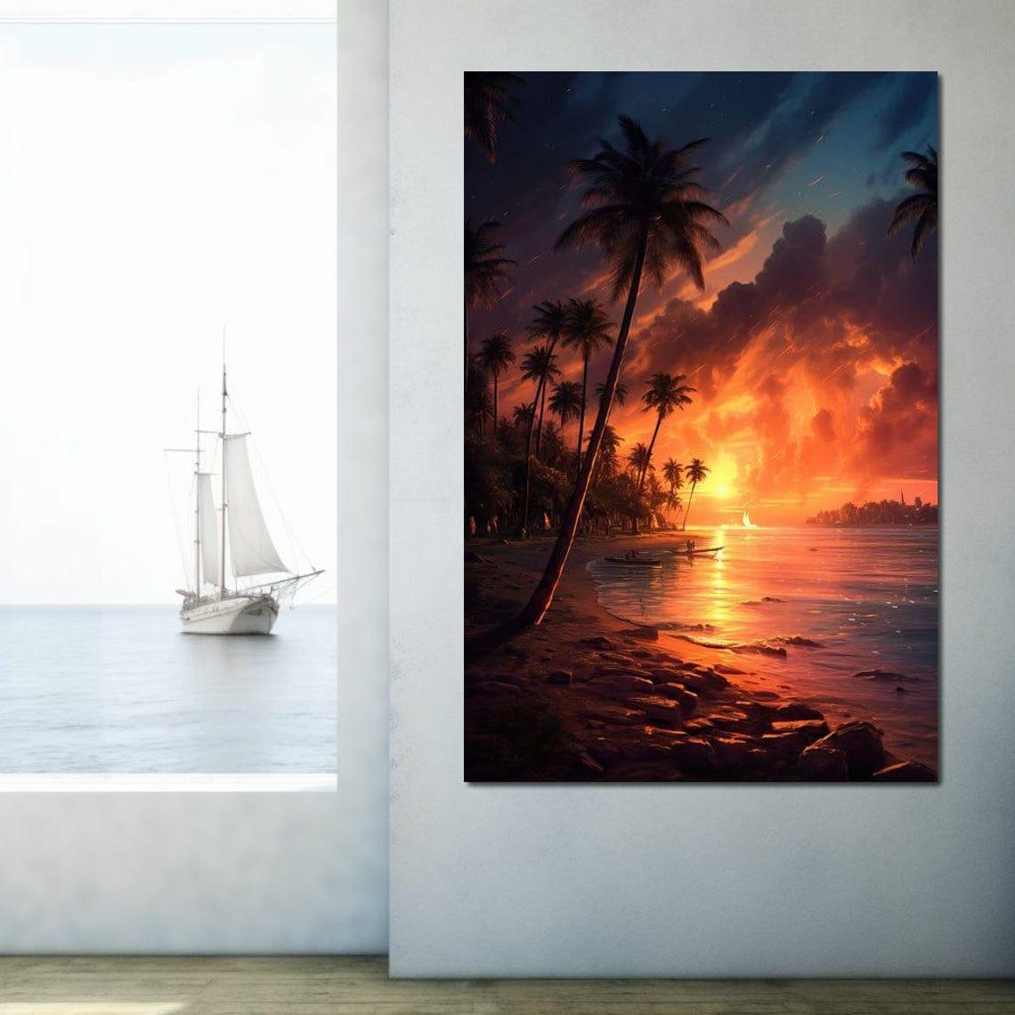 Tropical Beach Sunset Palm Silhouettes Fiery Ocean Sky Coastal Poster - Image 2