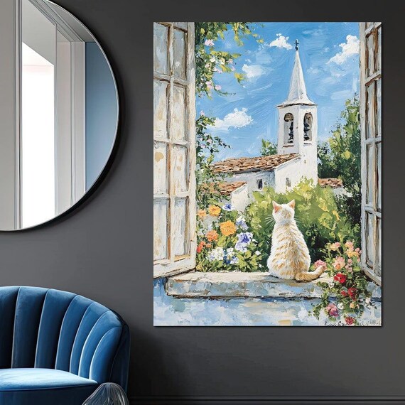 White Cat Window View Village Church Flowers Cozy Garden Scene Art Poster