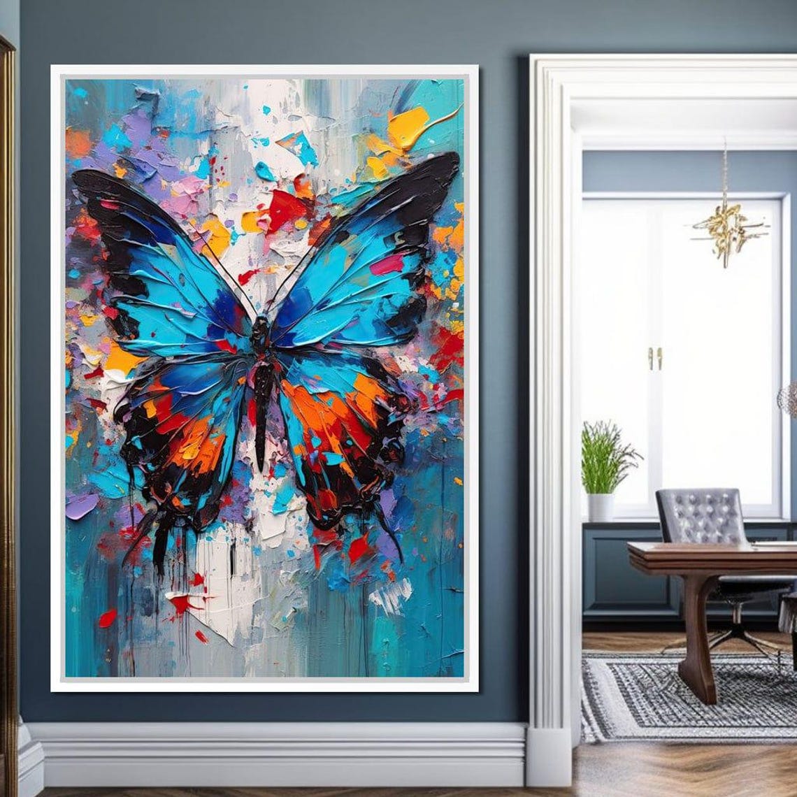 Blue Orange Abstract Butterfly Textured Oil Paint Bold Wall Art - Image 4
