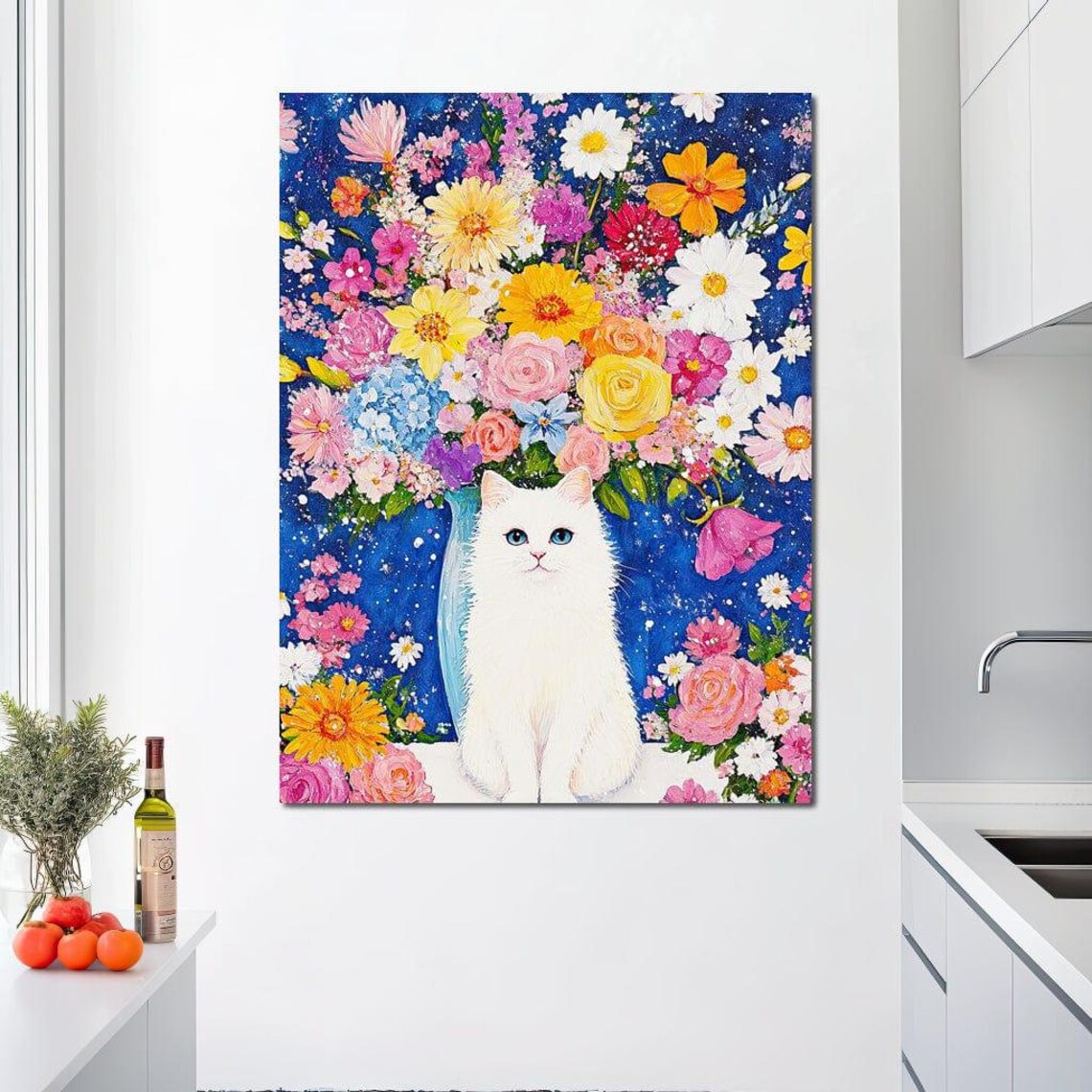 White Fluffy Cat Colorful Flower Bouquet Blue Framed Whimsical Wall Art - Image 4