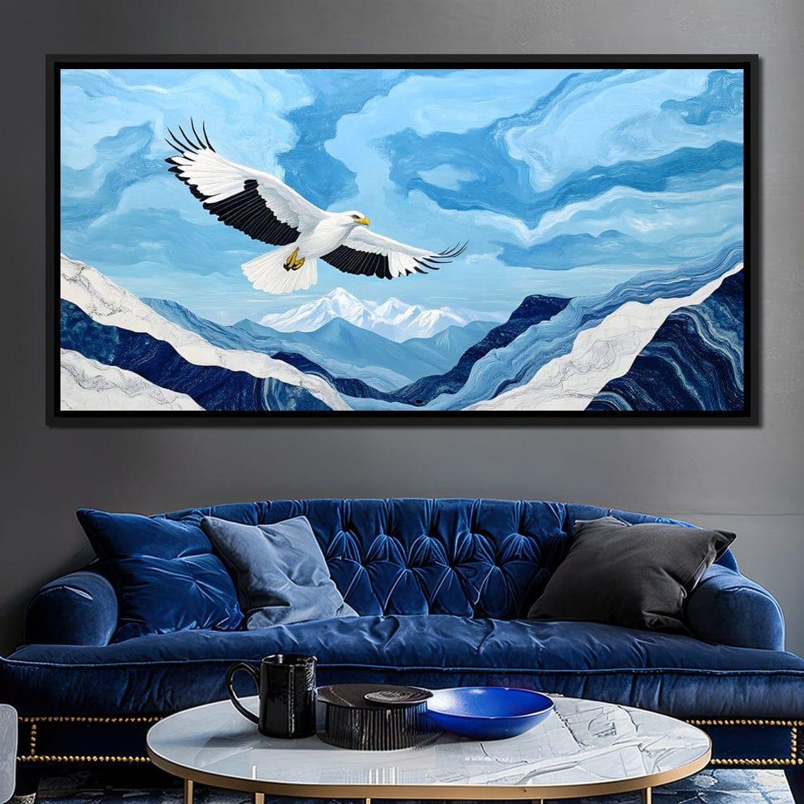 White Eagle Soaring Blue Snowy Mountains Framed Wildlife Wall Art