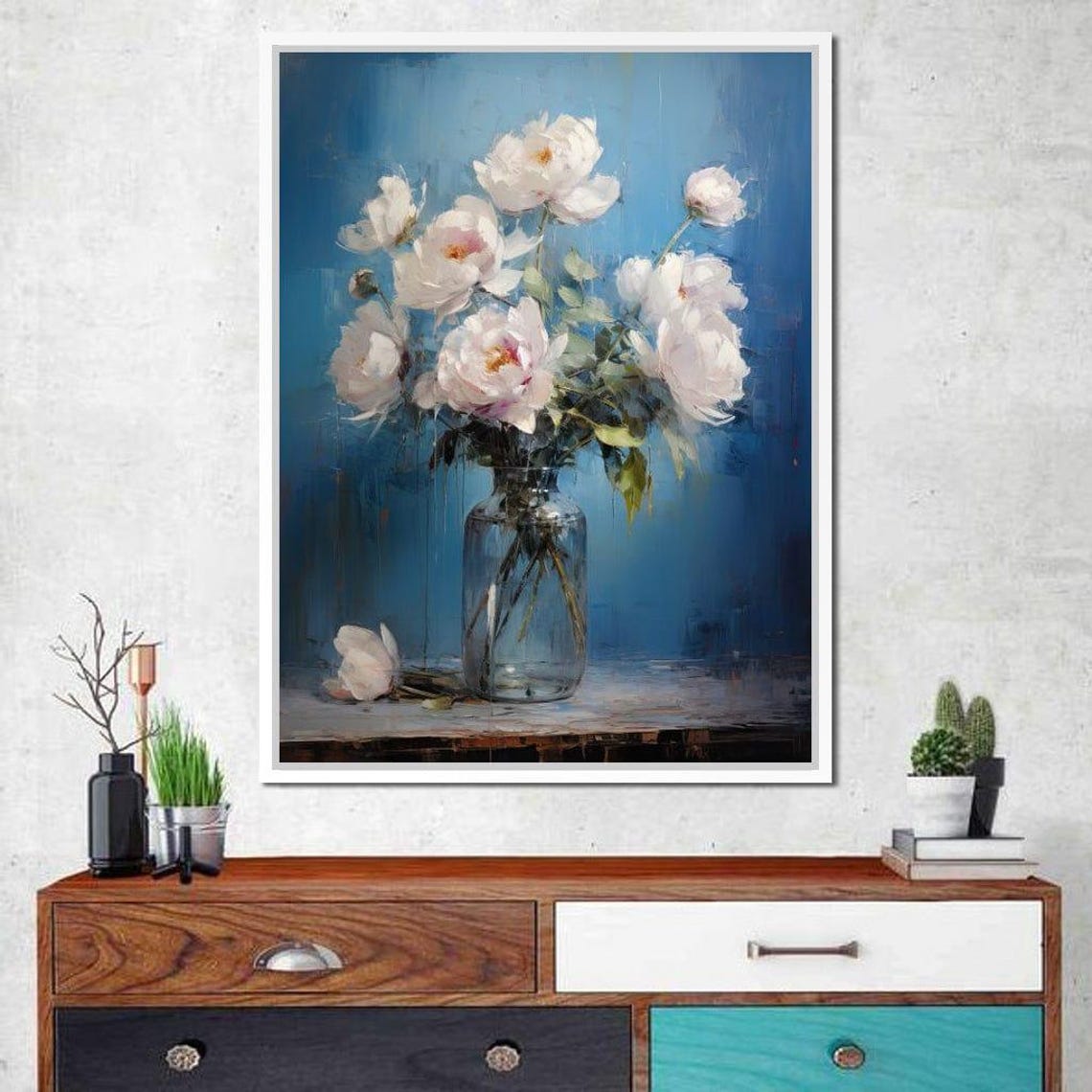 White Peony Bouquet Glass Vase Serene Blue Floral Wall Art Poster