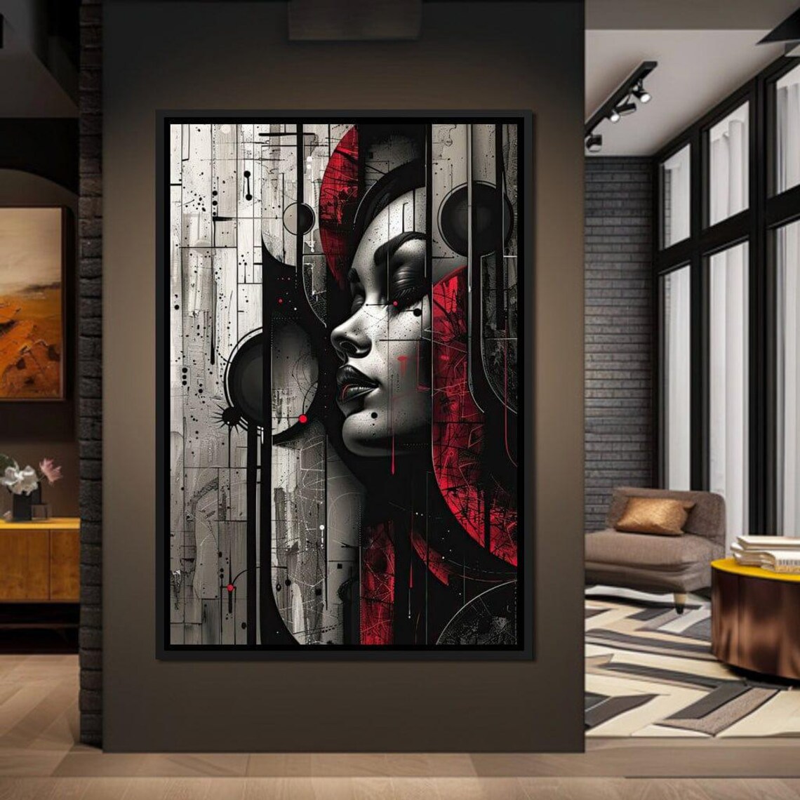 Noir Woman Profile Red Accents Urban Abstract Portrait Wall Art - Image 4