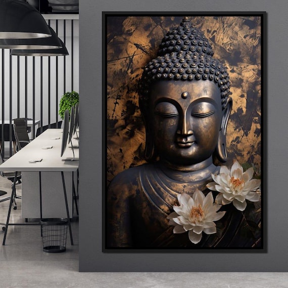 Bronze Buddha Head With White Lotus Flowers Zen Wall Art Poster