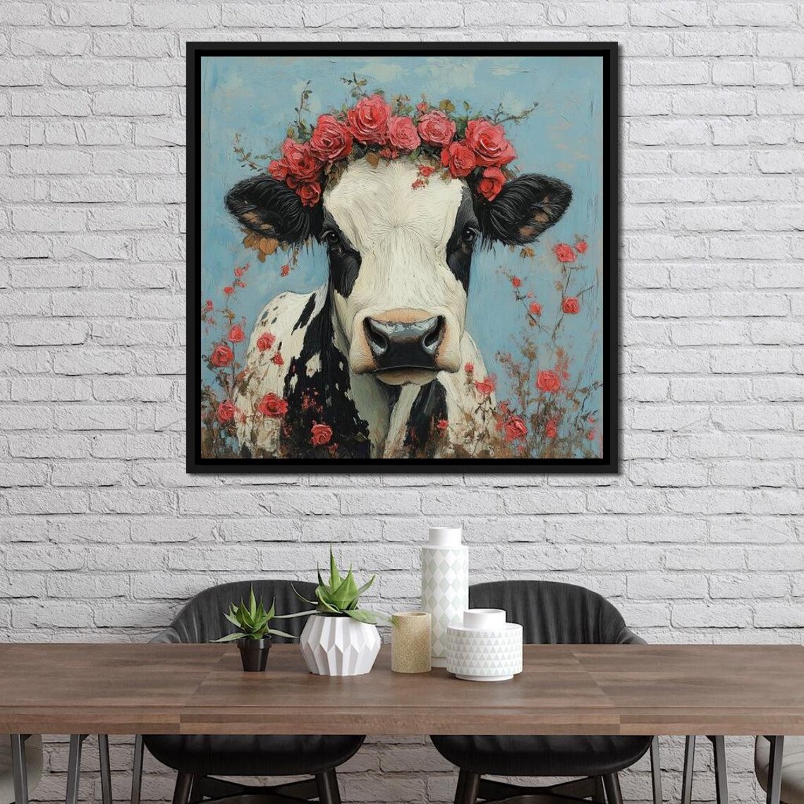 Black And White Cow Red Rose Crown Floral Farmhouse Wall Art Poster - Image 2