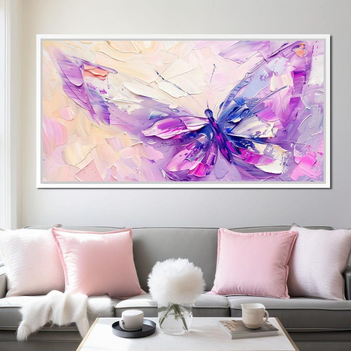 Pink Violet Butterfly Impasto Painting Light Pastel Dreamy Wall Art - Image 4
