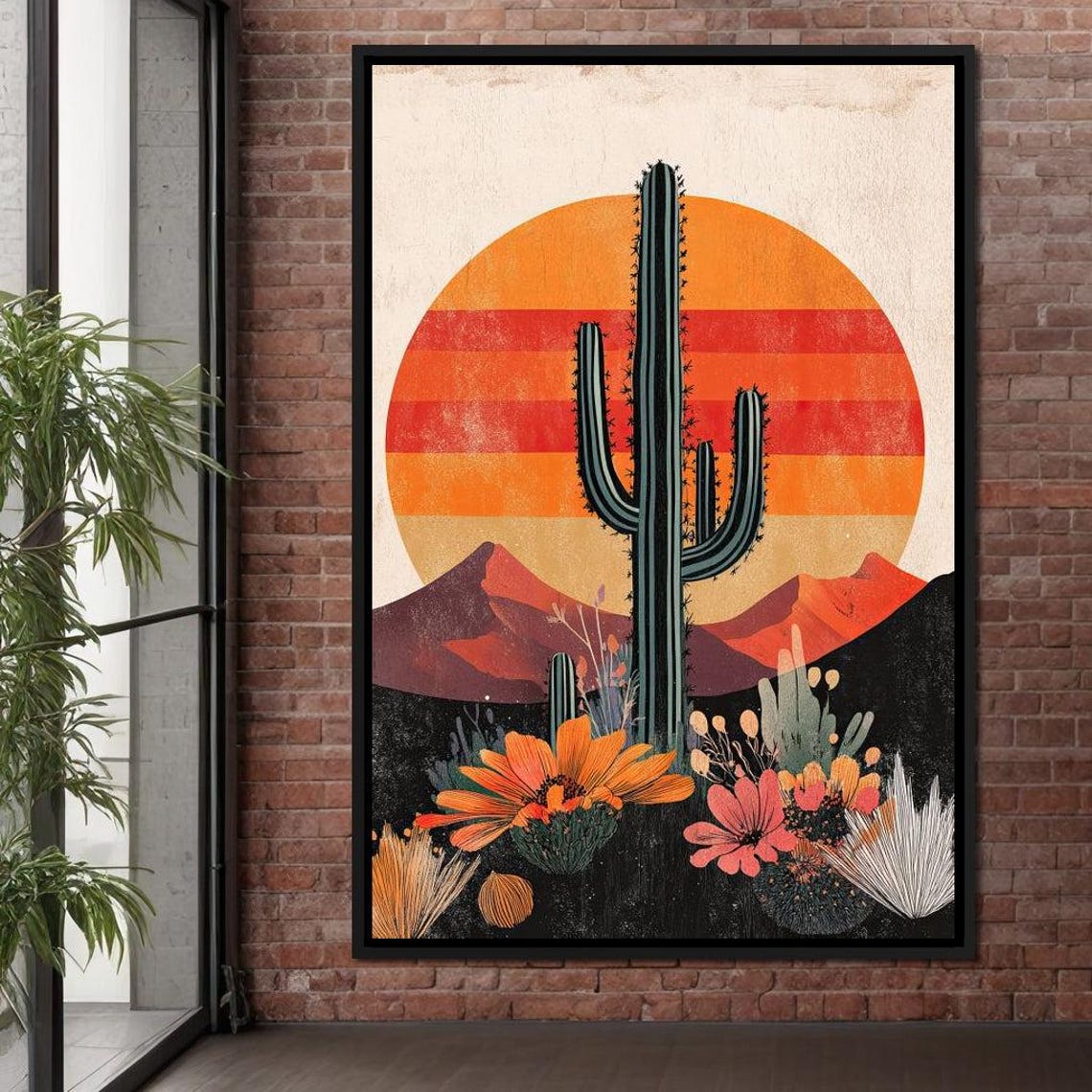 Saguaro Cactus Orange Striped Sun Retro Desert Sunset Wall Art Print