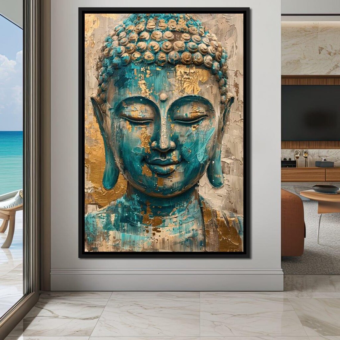 Turquoise Buddha Face Gold Leaf Texture Serene Zen Spiritual Art Poster