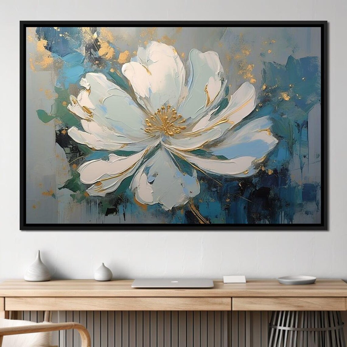 White Flower Gold Center Teal Blue Impasto Floral Wall Art Poster - Image 3