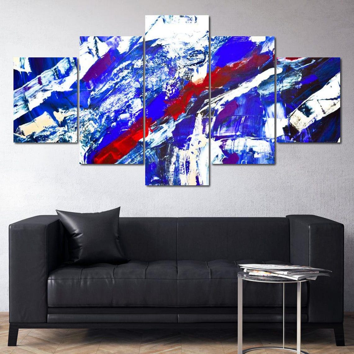 Cobalt Blue Crimson Diagonal Brushstroke Five Panel Abstract Poster