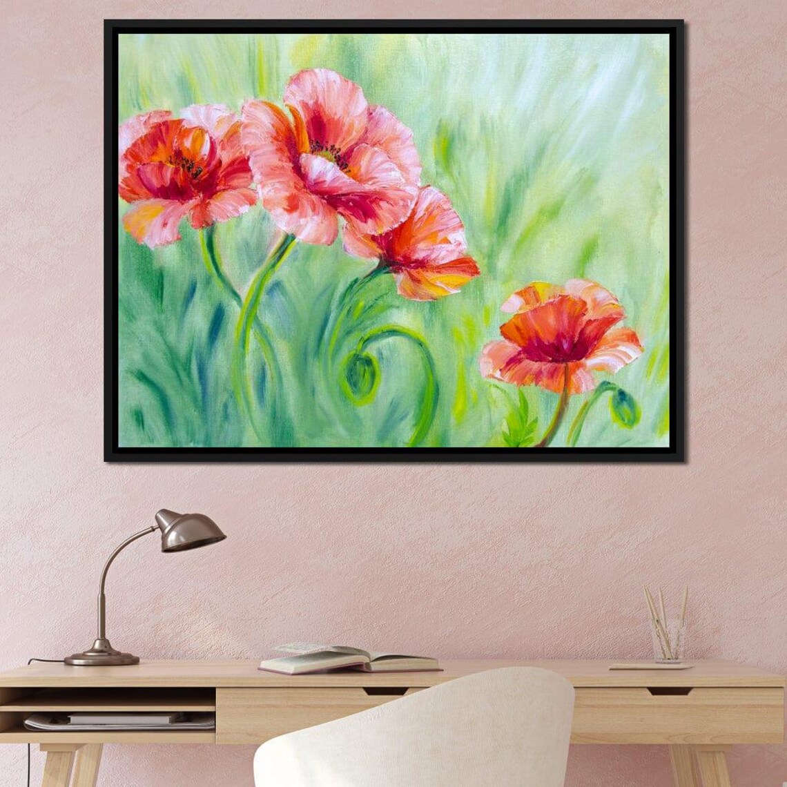 Red Poppies In Green Meadow Oil Painting Botanical Wall Art Print - Image 2