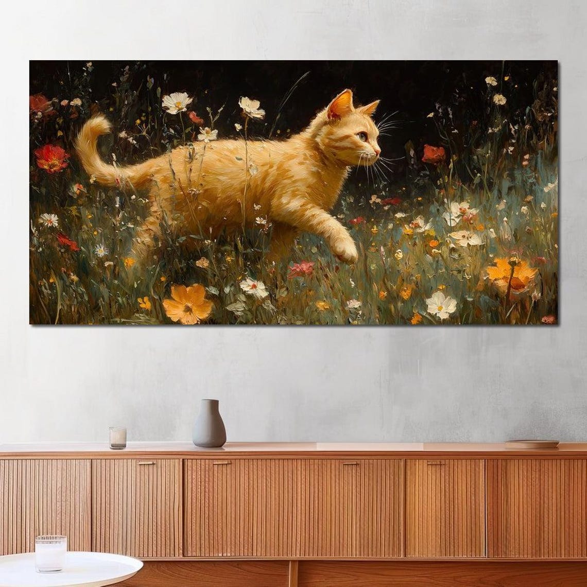 Ginger Cat Strolling Through Wildflower Meadow Night Painterly Poster - Image 2