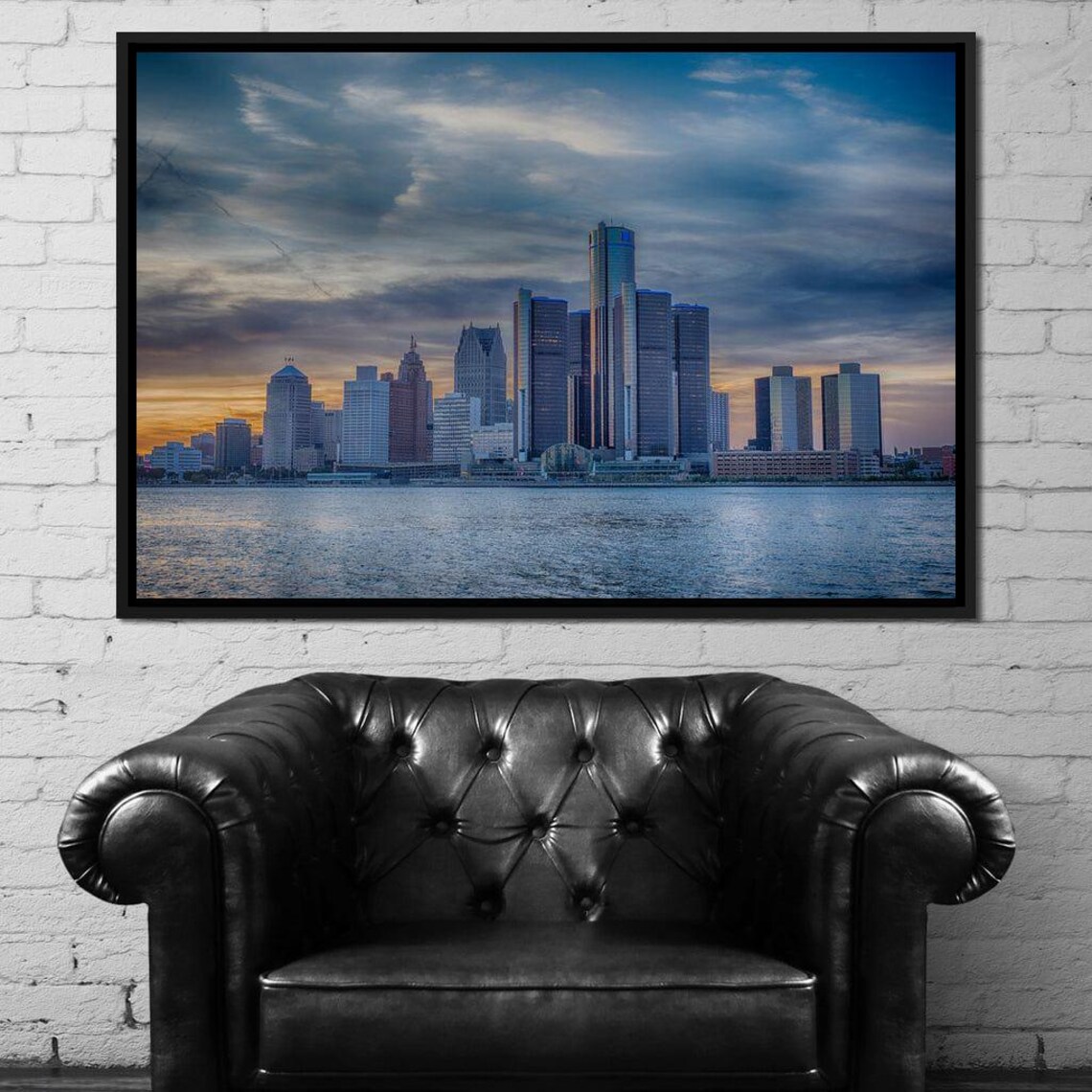 Detroit Michigan Skyline At Sunset Over Water Cityscape Art Poster - Image 2
