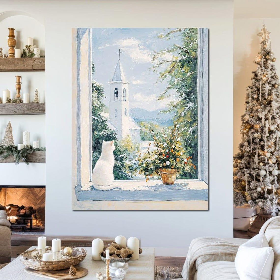 White Cat Watching Snowy Chapel From Cozy Windowsill Christmas Poster - Image 2
