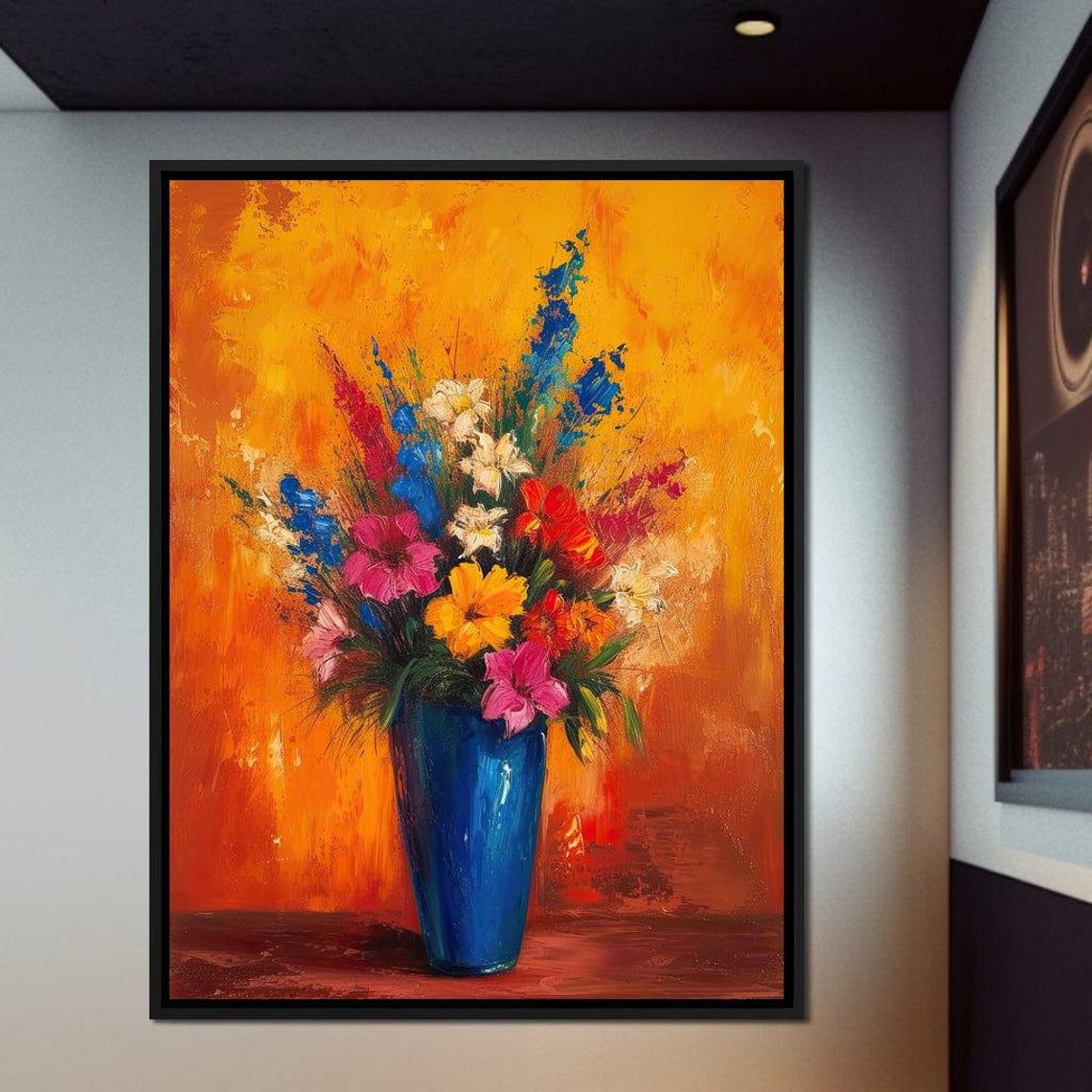 Bold Floral Bouquet Blue Vase Fiery Orange Background Wall Art Poster