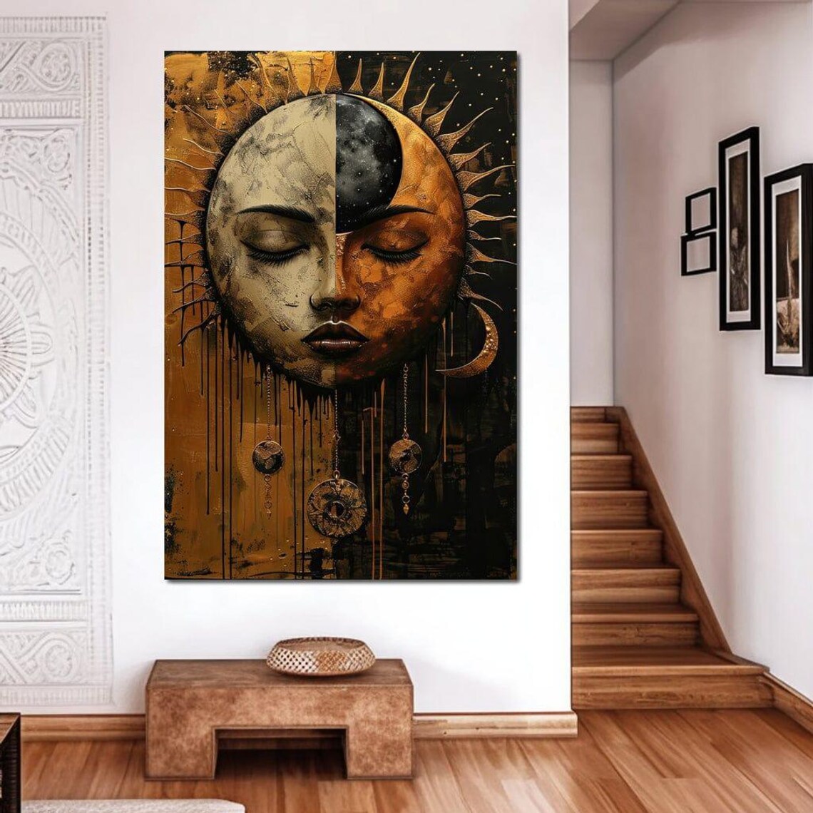 Celestial Sun and Moon Face Golden Dreamscape Spiritual Abstract Poster - Image 4