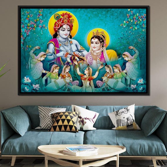 Lord Radha Krishna Love Song Spiritual Artwork Indian Wall Art Hindu Love Decor Traditional Divine Couple By Nichecanvas