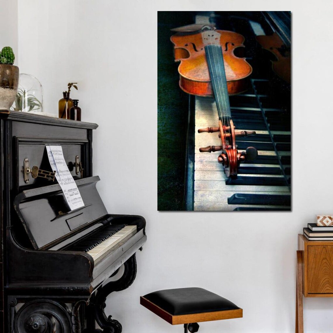 Violin Resting On Piano Keys Moody Classical Music Photography Poster - Image 4