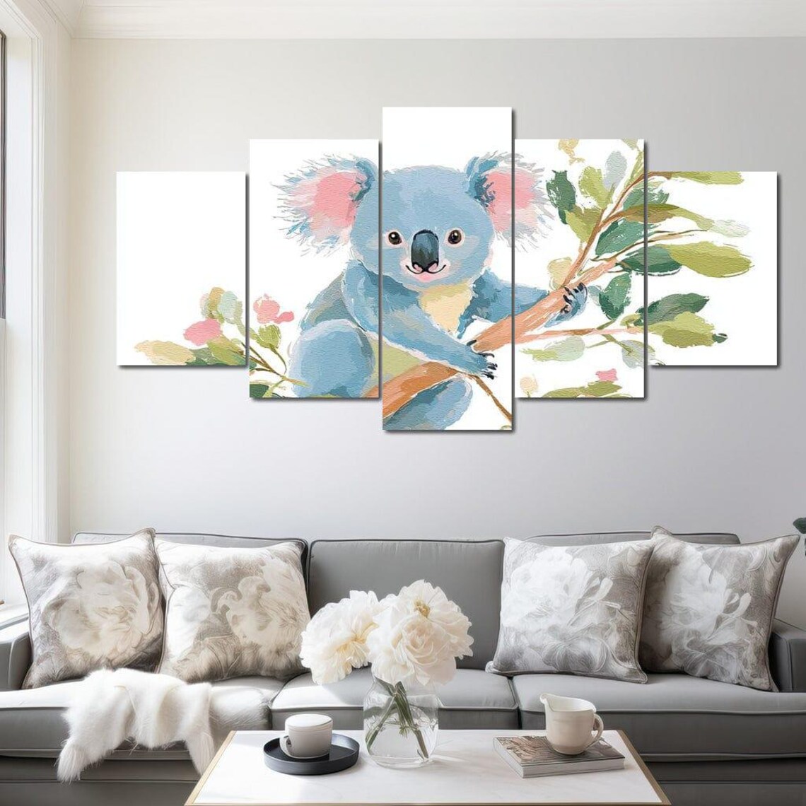 Sleepy Blue Koala Resting On A Eucalyptus Branch Pastel Nursery Wall Art - Image 4