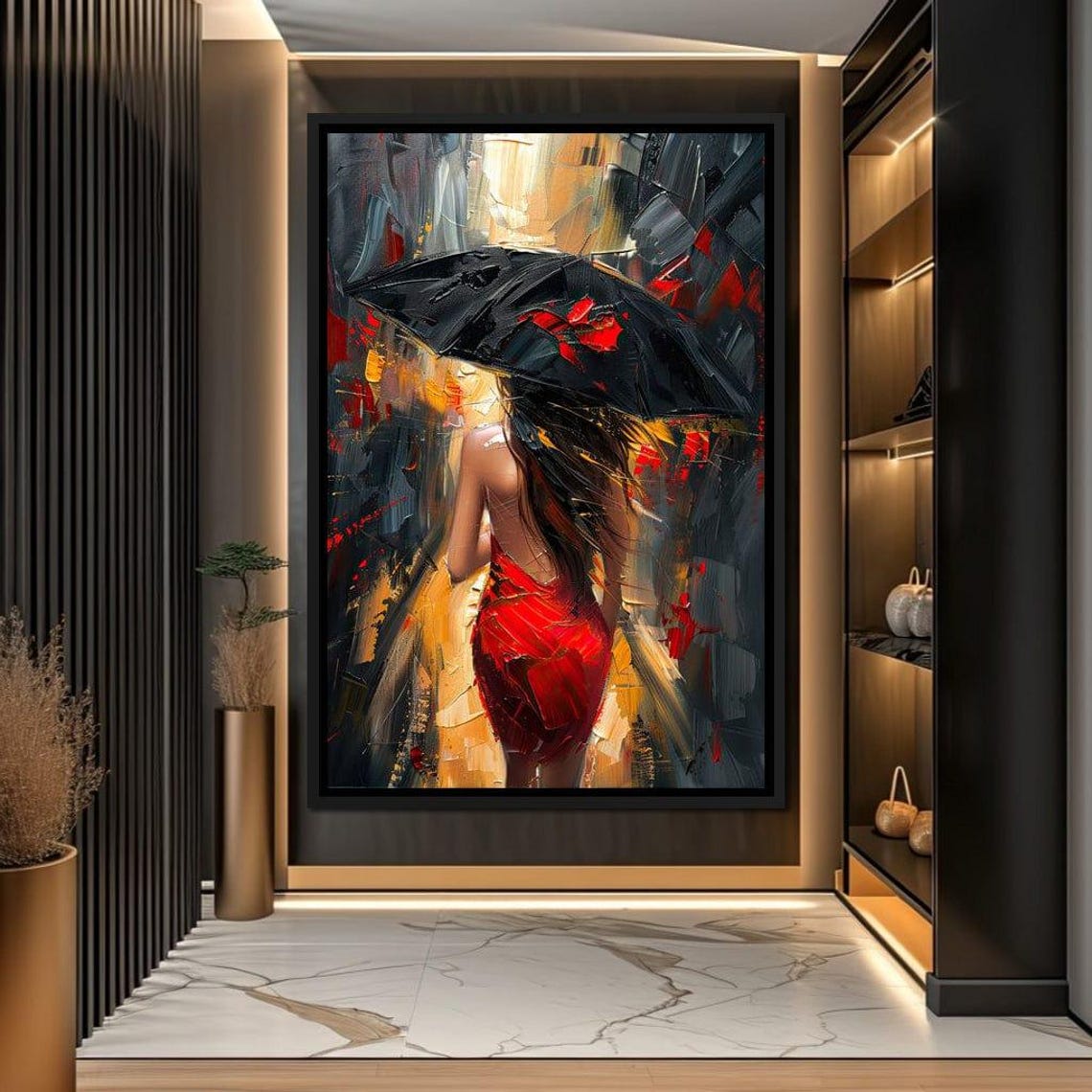Rainy Stroll In Bold Brushwork Print Romantic Wall Art Modern Home Decor Abstract Painting Red Dress By Nichecanvas - Image 4