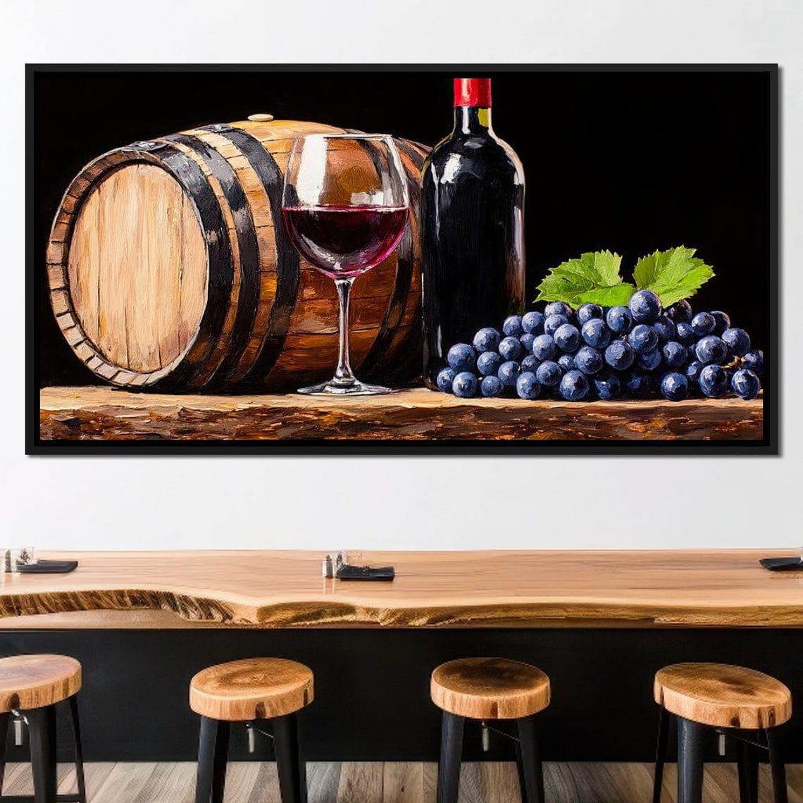 Vintage Vino Wine Barrel Bottle Glass Dark Grapes Rustic Art Poster
