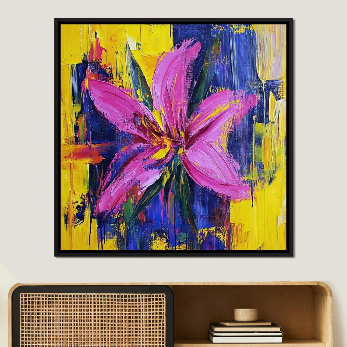 Vibrant Pink Flower Yellow Blue Abstract Colorful Floral Art Poster - Image 2