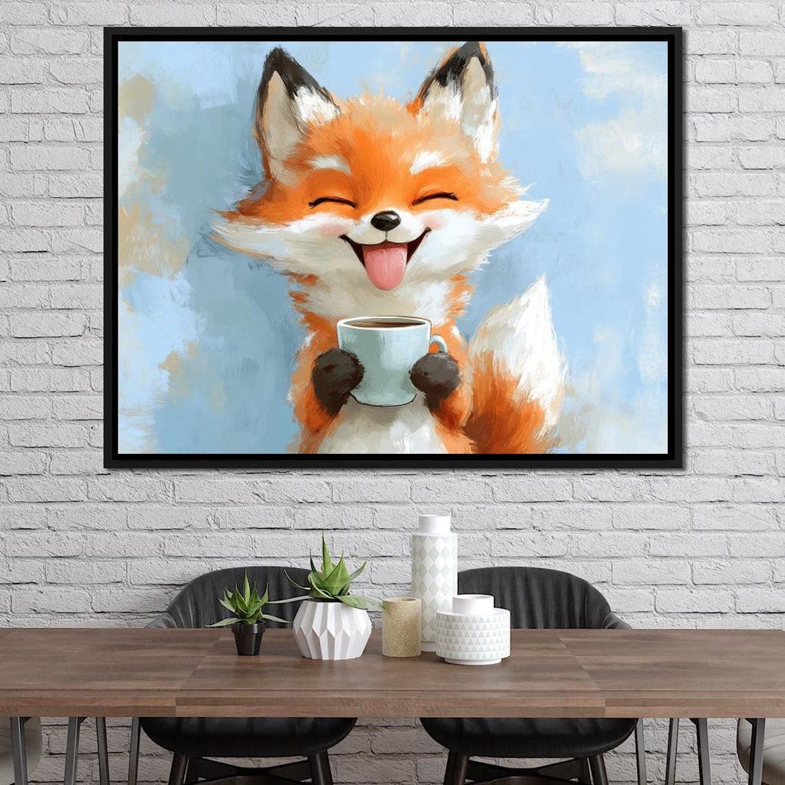 Smiling Red Fox Holding Coffee Cup Cute Whimsical Nursery Art Print
