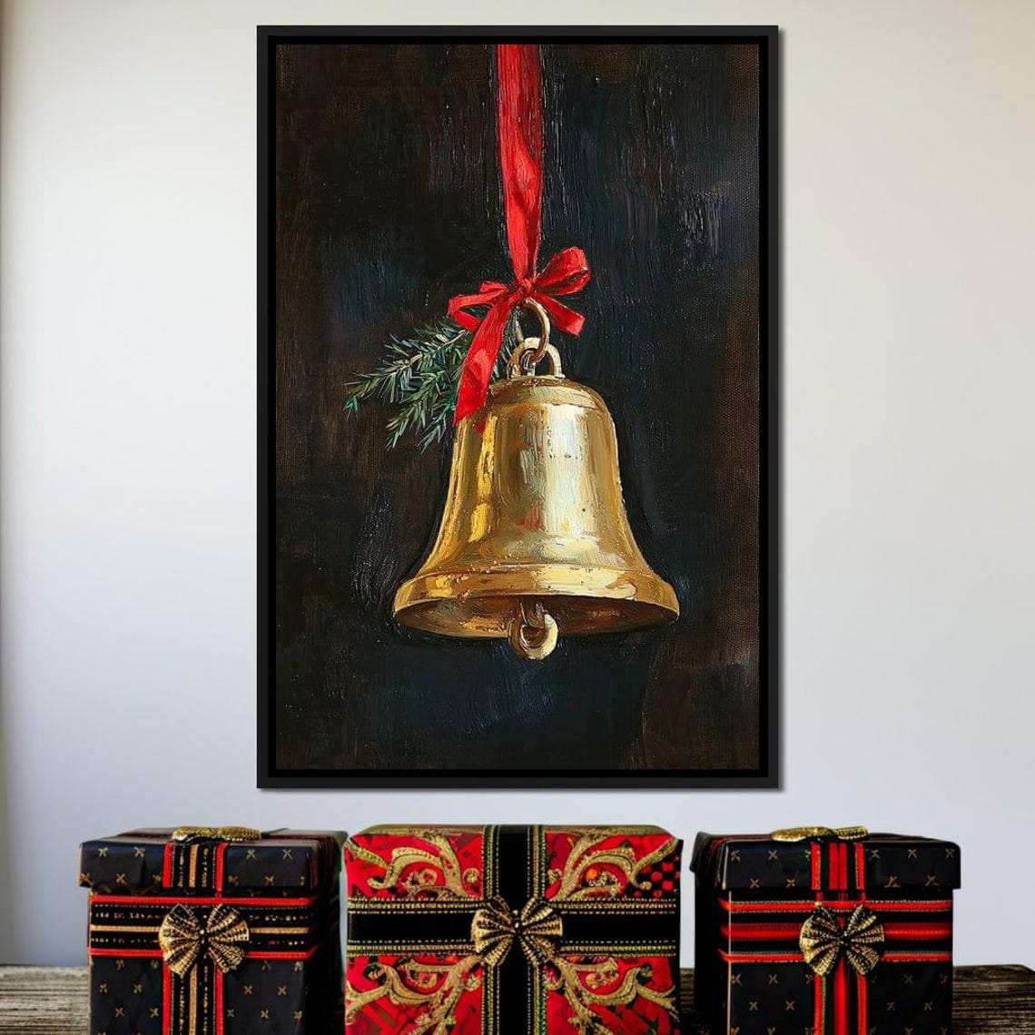 Golden Christmas Bell With Red Ribbon And Pine Sprig On Dark Poster - Image 4