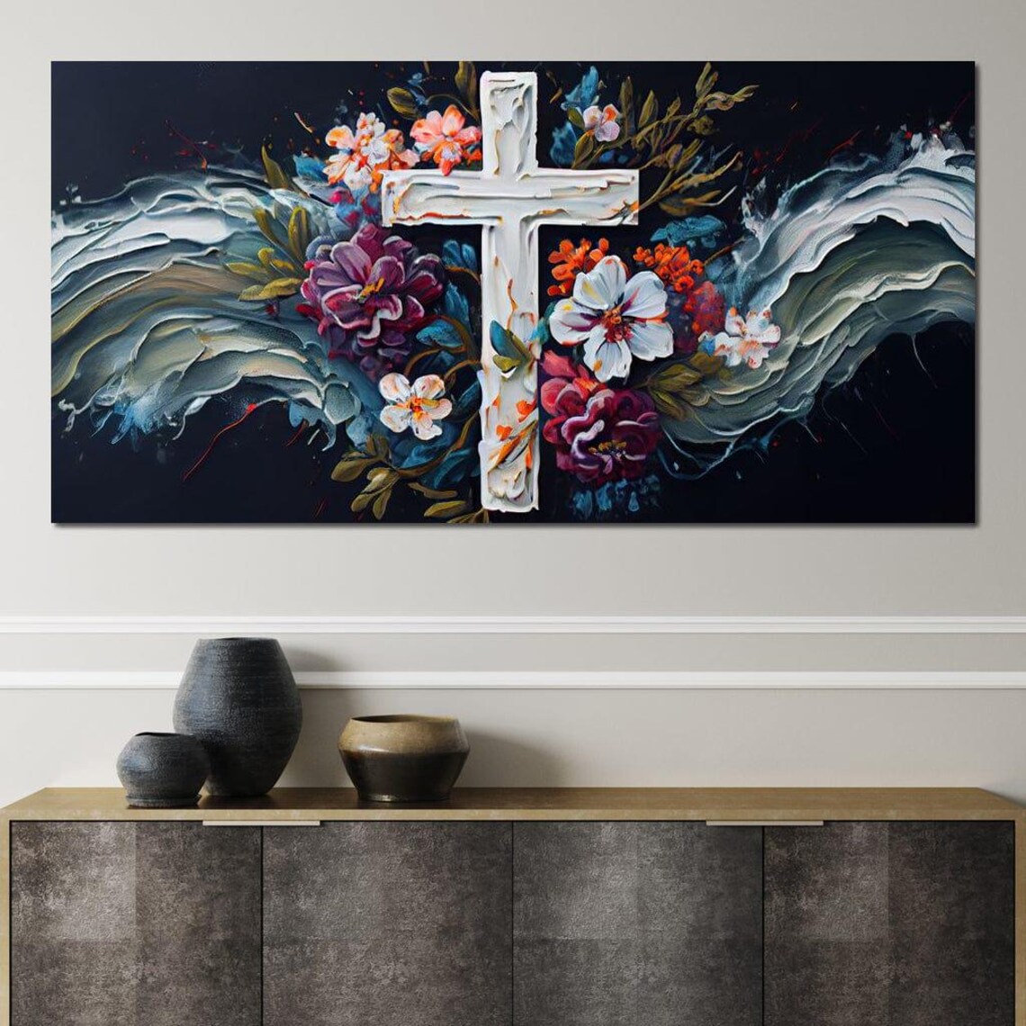 White Cross Blooming Flowers Dark Background Christian Faith Poster - Image 3