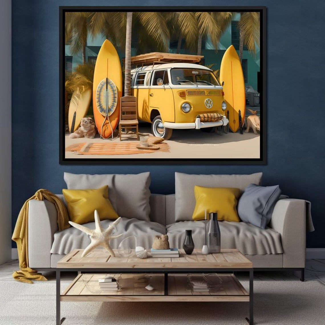 Surfside Yellow A Summer Scene Yellow Van Art Beach Decor Coastal Home Surfboard Art Home Decor By Nichecanvas - Image 3