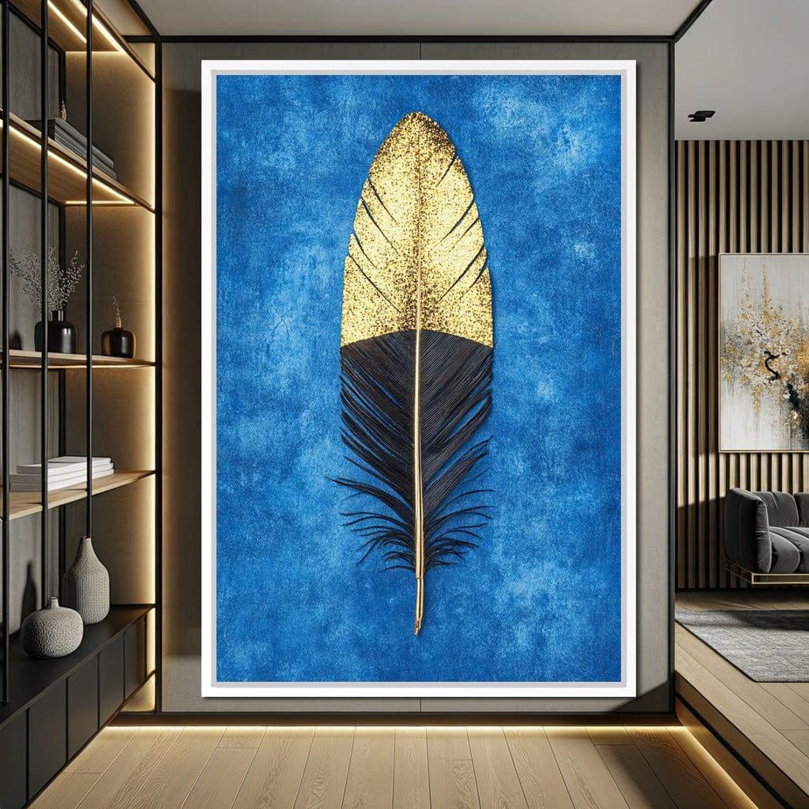 Gold Dipped Black Feather On Vibrant Blue Modern Statement Wall Art - Image 2
