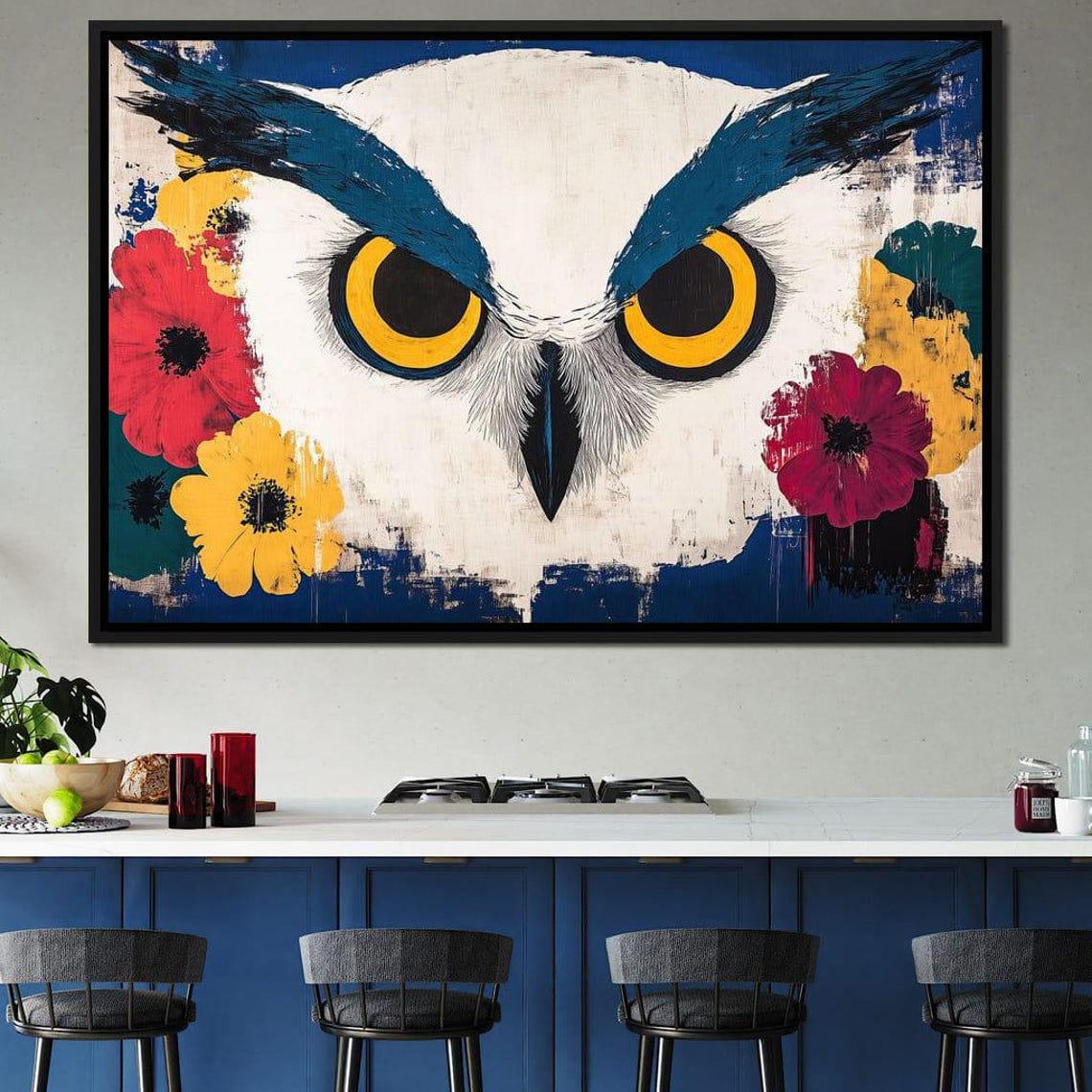 Intense White Owl Face With Big Yellow Eyes Floral Art Poster - Image 2
