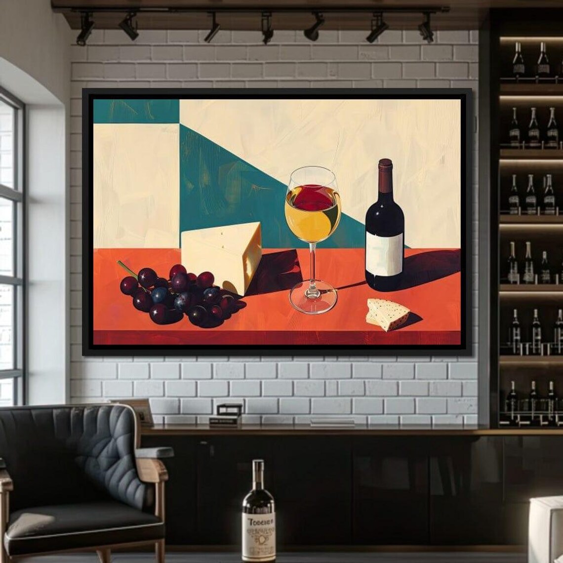 Wine and Cheese Still Life Modern Painting Red Wine Glass Bottle Poster