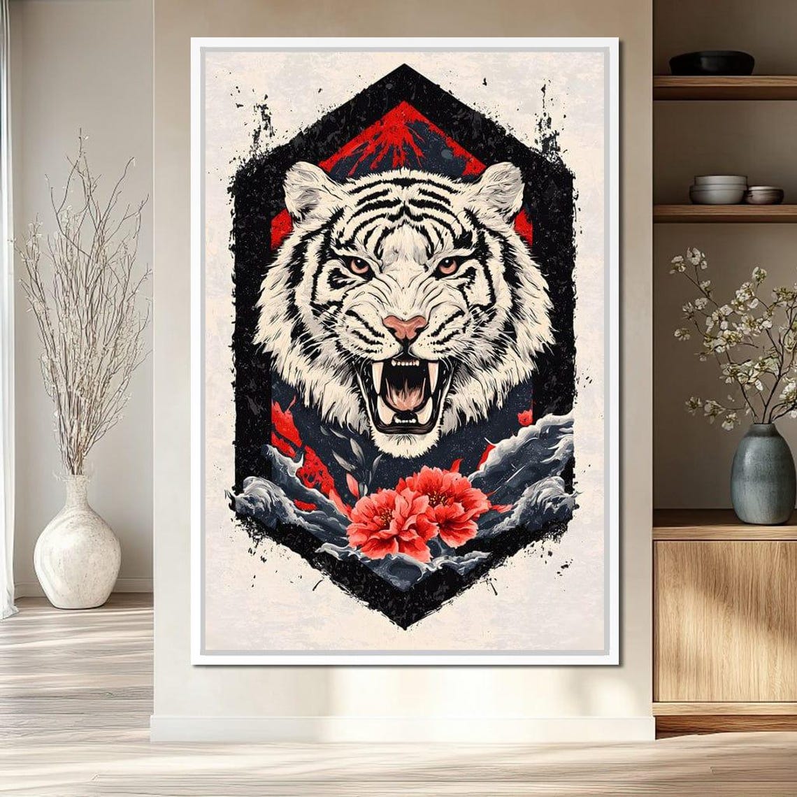 Roaring White Tiger in Japanese Style Red Sun and Waves Poster - Image 2