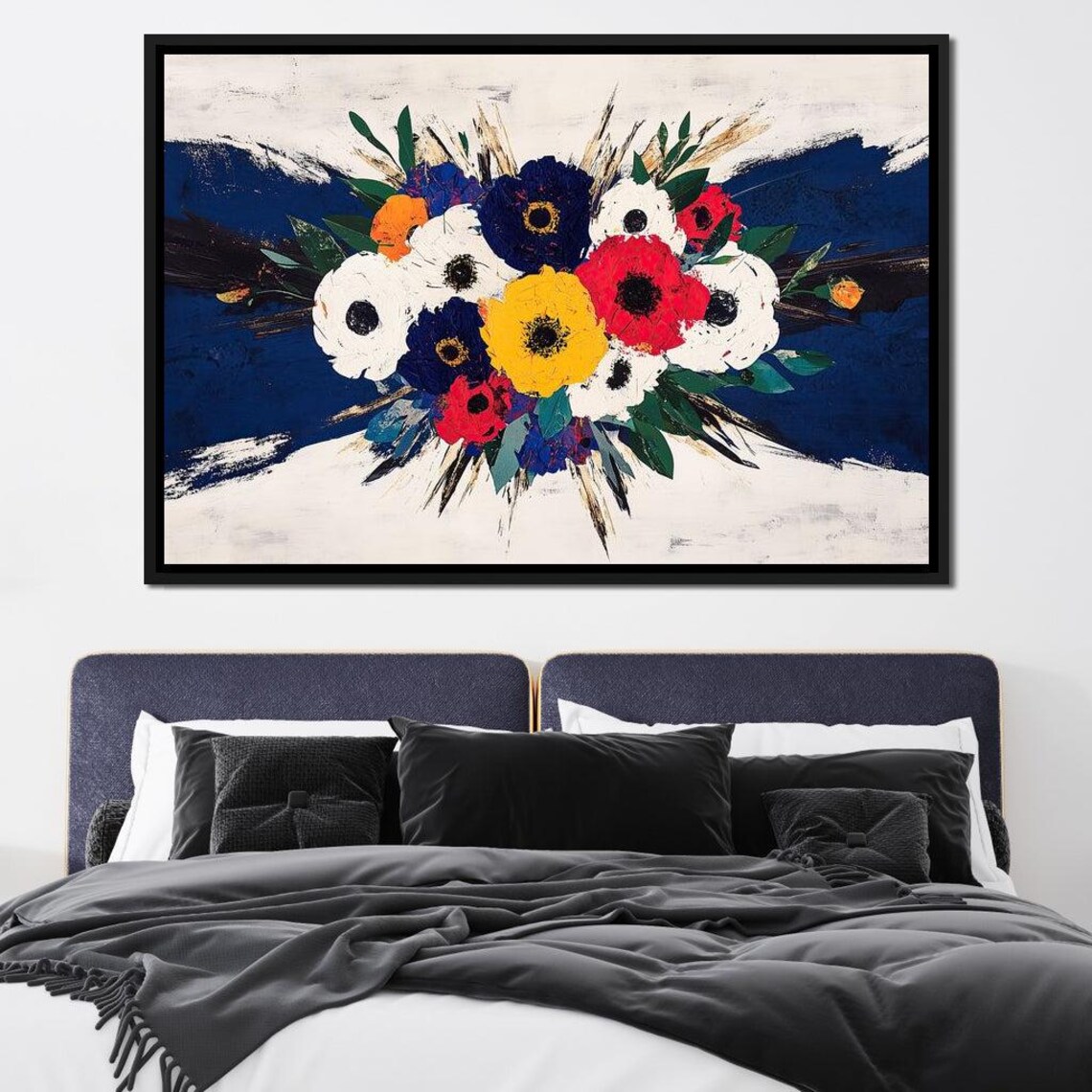 Vibrant Poppies Bouquet Bold Red Blue Yellow Floral Impasto Wall Art - Image 2