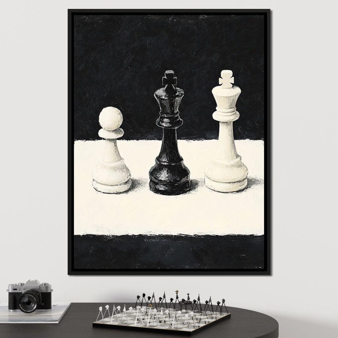 Black And White Chess Kings Pawn Minimalist Game Room Wall Art Print