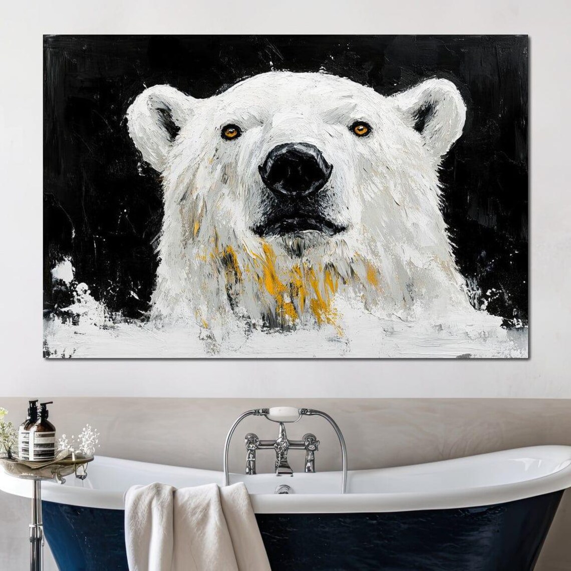 Polar Bear Face Black Background Impasto White Arctic Wildlife Art Poster - Image 2