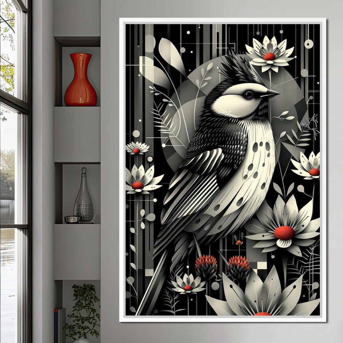 Monochrome Songbird Red Accent Flowers Minimalist Bird Art Wall Poster - Image 3