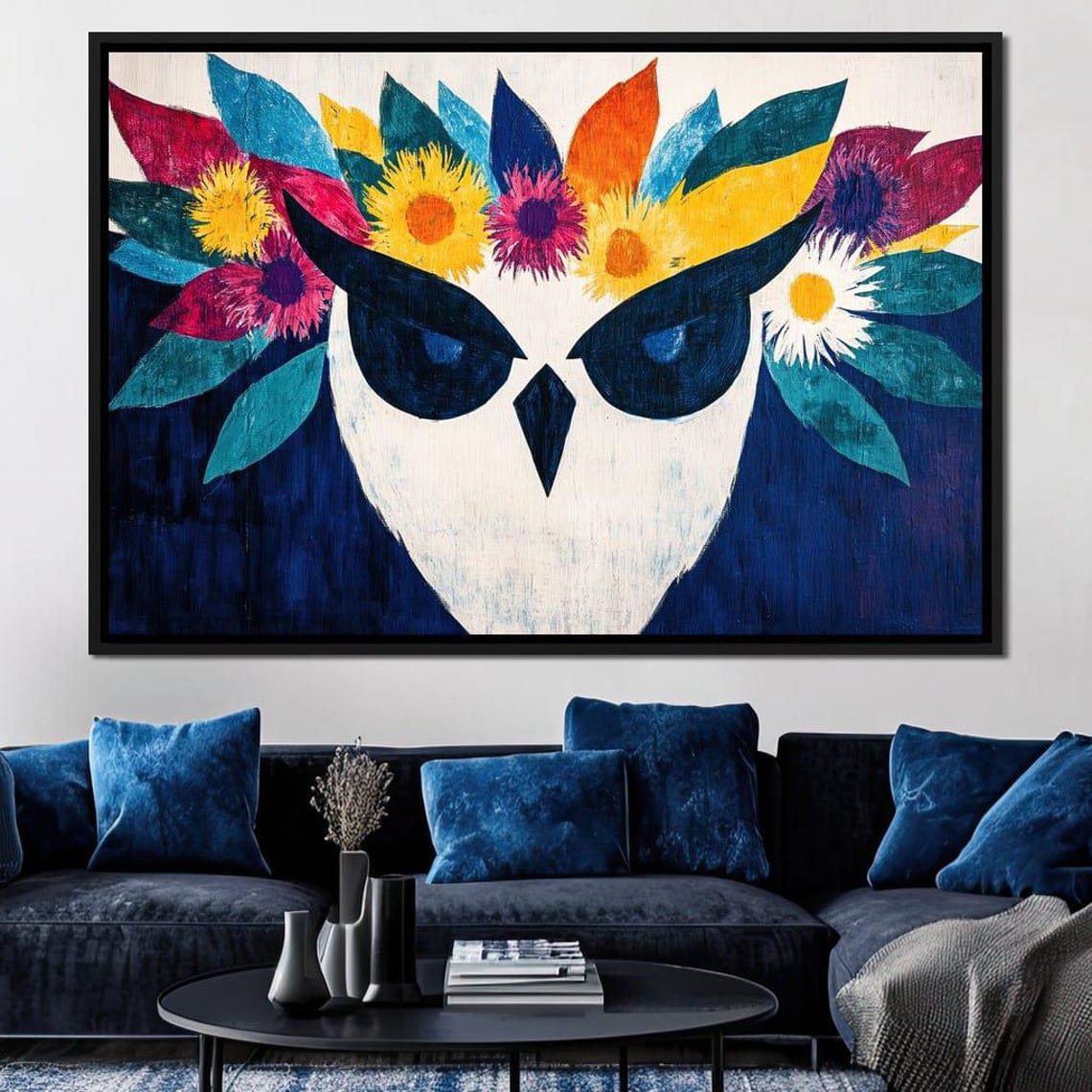 Owl Face Close Up With Colorful Floral Crown Boho Wildlife Poster
