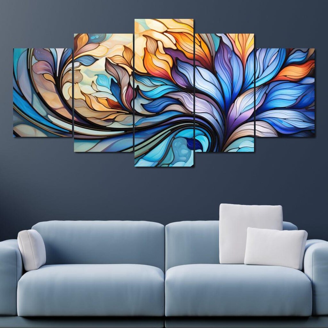 Stained Glass Style Abstract Floral Waves Blue Orange Bloom Poster