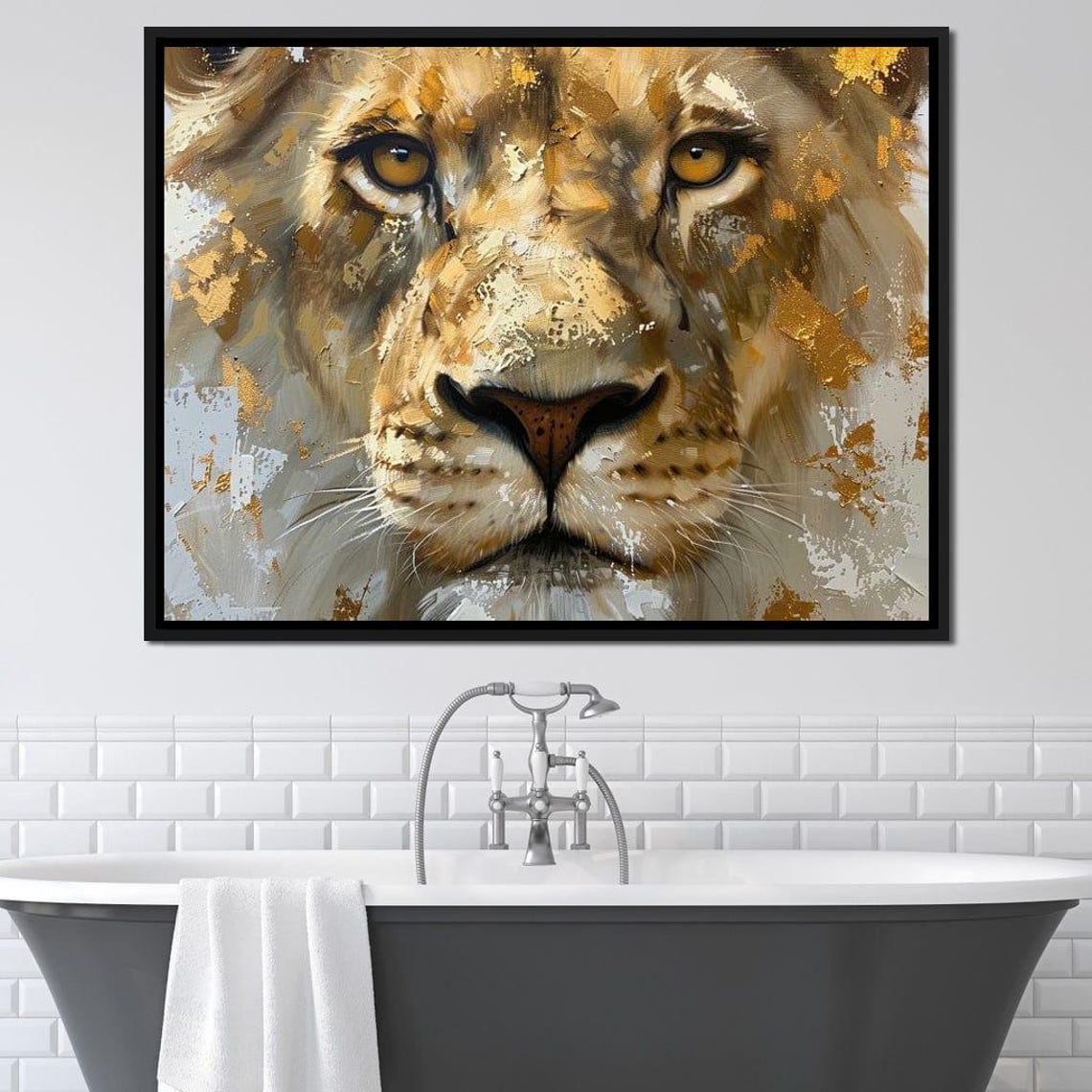 Majestic Lion Face Close Up Gold Splashes Amber Eyes Wall Art - Image 3