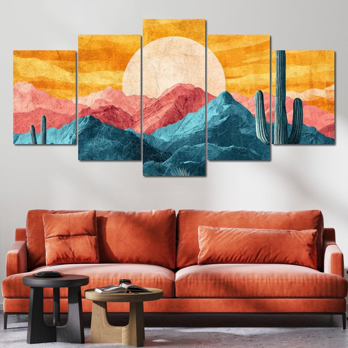 Southwestern Desert Landscape Teal Mountains Golden Sun Art Print - Image 4