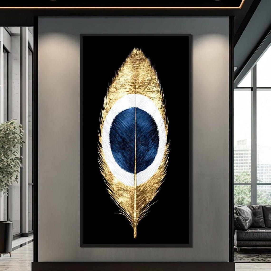 Gold And Navy Peacock Feather On Black Background Elegant Wall Art - Image 2
