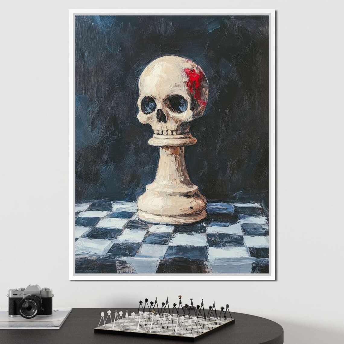 Skull On Chess Pawn Dark Gothic Painting Checkered Board Moody Art Poster - Image 3