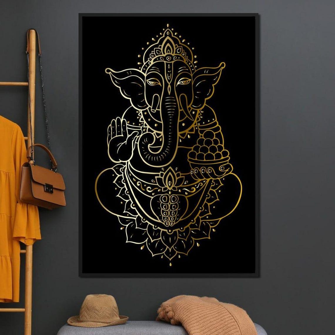 Golden Ganesha Hindu Wall Art Spiritual Decor Black And Gold Art Indian Culture Divine Art Print For Home By Nichecanvas - Image 2