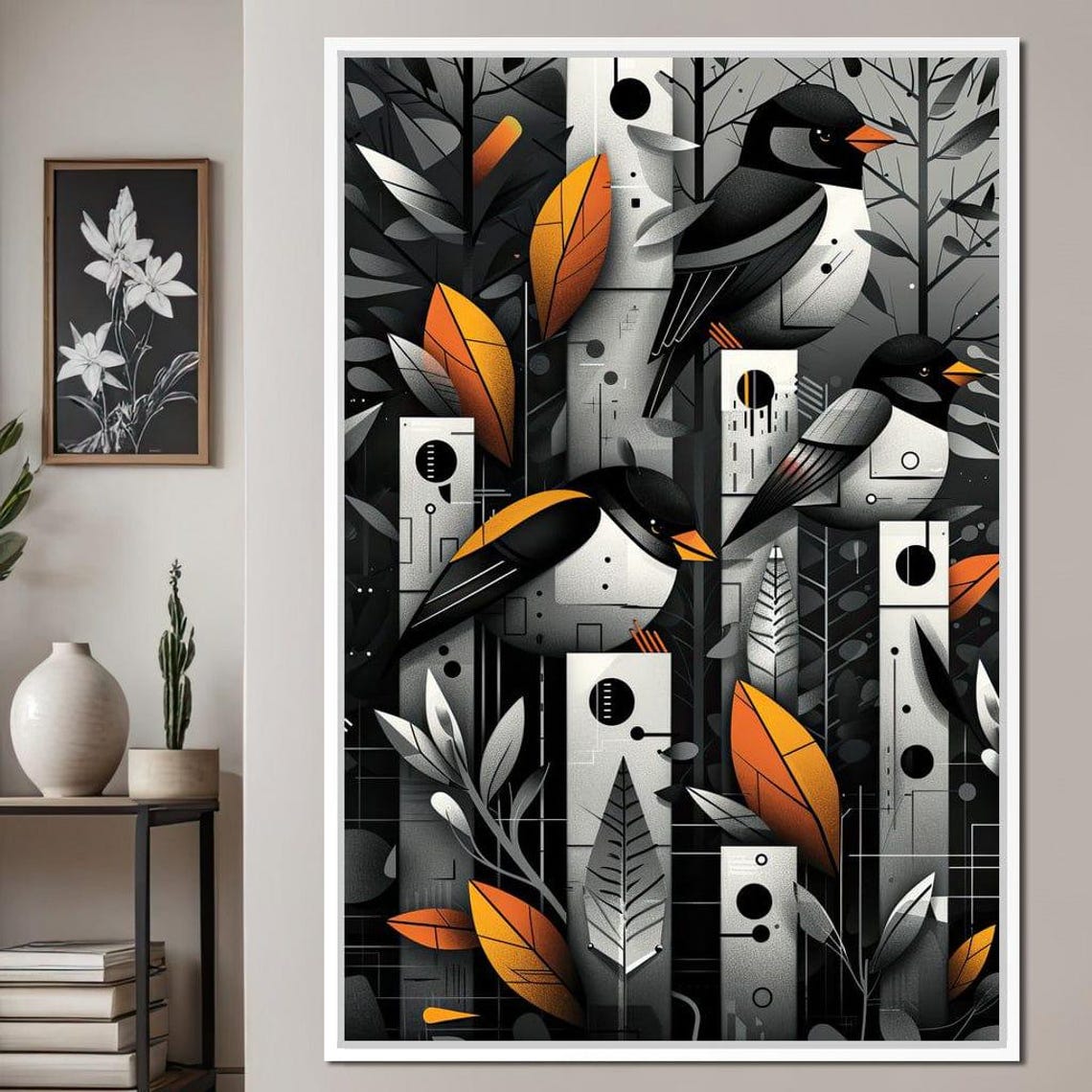 Monochrome Geometric Birds Orange Beaks Birch Forest Wall Art